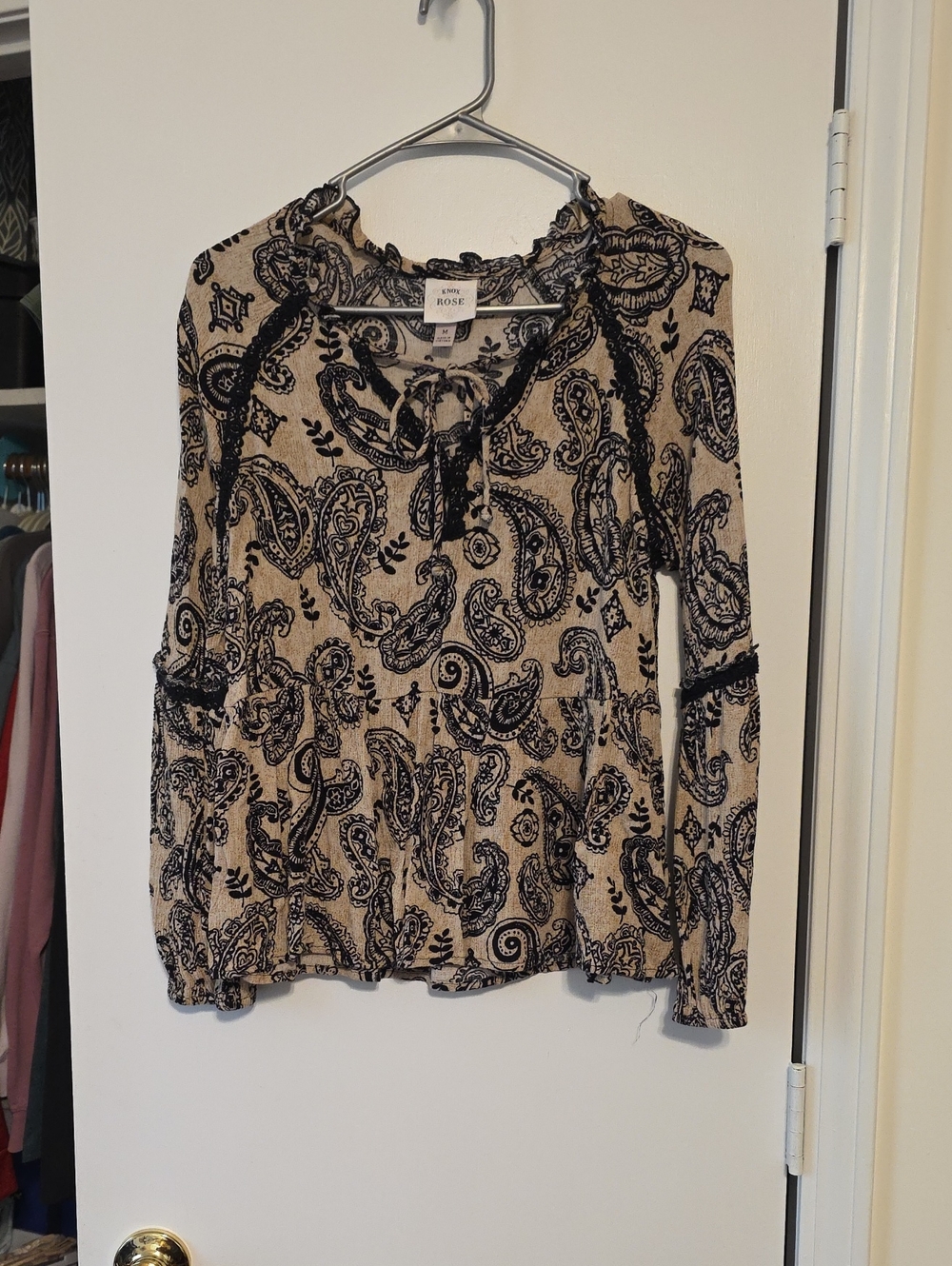 Knox Rose Beige and Black Paisley Tie-Front Peplum Blouse